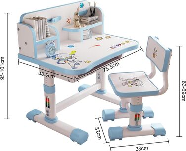 Функціональний комплект столу та стільця для дітей, дитячий стіл зі стільцем, дитячий стіл з регульованою висотою та шухлядою для зберігання речей, синій