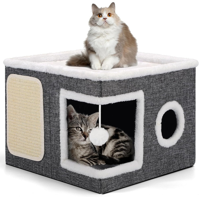 Складаний котячий будиночок для великих котів, 43Д x 43Ш x 32В см, котяча печера з дряпалькою та ігровим м&39ячиком, 2-шаровий котячий куб для малих та середніх тварин