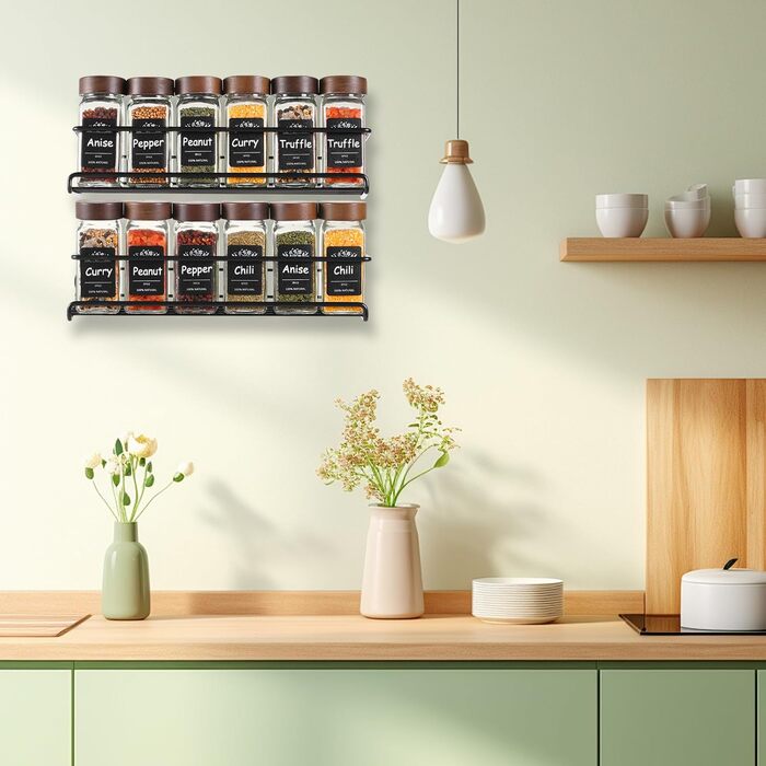 Елементна дерев&39яна підставка для спецій, не потребує свердління, підвісна, з 12 банками для спецій, органайзером для спецій, підставкою для спецій та настінною кухонною полицею (2986 см), дерев&39яна підставка для спецій C.12, 2-