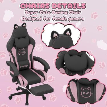 Ігрове крісло bigzzia з функцією масажу та підставкою для ніг ергономічне ігрове крісло для дівчат та дорослих, ігрове крісло з опорою для голови та попереку та котячими вушками (чорно-рожеве)