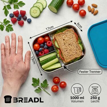 Металева ланч-бокс з роздільниками, 3 відділення, силіконова кришка, герметична, можна мити в посудомийній машині, 1000 мл, для дітей та дорослих, колір блакитний (Petrol)