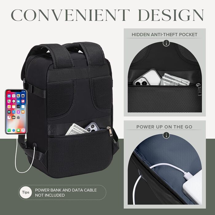 Рюкзак Hayayu Ryanair Hand Luggage 40x30x20, малий, для подорожей у літаку, з відділенням для ноутбука, сумка-протиугінна сумка для коротких поїздок на вихідні, чорний, 45 x 36 x 20 см