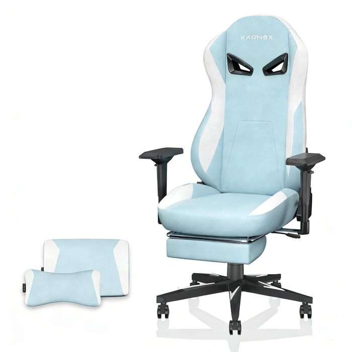 Геймерське крісло з підставкою для ніг та тканинним чохлом - Ергономічне офісне крісло з 4D підлокітниками та опорою для голови/попереку, регульована висота, вантажопідйомність 150 кг, синього кольору, 132 см x 53 см x 60 см