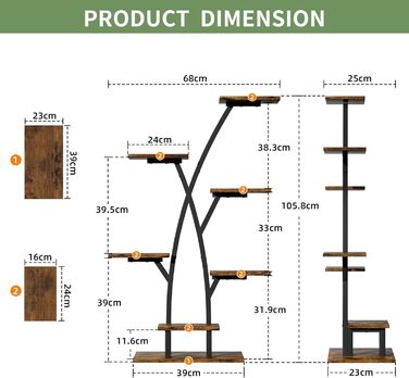 Підставка для рослин з лампою для вирощування - 7-ярусна підставка для квітів 105 см, полиця для рослин з металу та дерева - Квіткові драбини для приміщень та вулиці - Декоративна чорна квіткова підставка для балкону в приміщенні