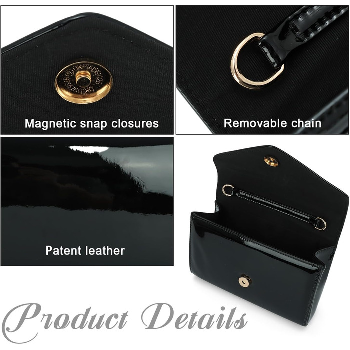 Жіноче лаковане клатч з ланцюжком на плече. Елегантна сумка-кросбоді для вечірок та особливих подій, чорний колір.