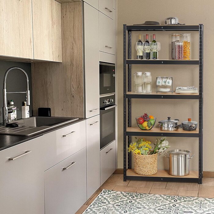 Полиця для зберігання Yaheetech для важких умов експлуатації з регульованими полицями з МДФ, органайзер-стелаж для гаража, вітальні, кухні, підвалу 90x30x180 см/чорна