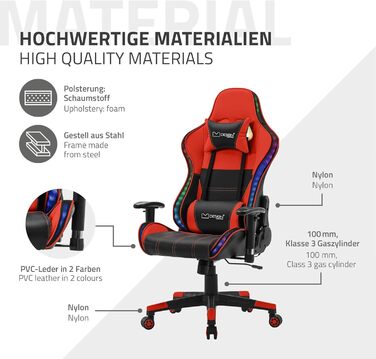 Ігрове крісло ML-Design із RGB-світлодіодним підсвічуванням та Bluetooth-динаміками, червоне, штучна шкіра, ергономічне офісне крісло, висока спинка, підголівник, поперекова підтримка, поворотне та регульоване, гоночне ігрове крісло