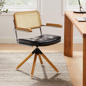 Письмове крісло Zouron з ротанга, чорне - обертове крісло в стилі середини століття без коліщаток, м&39яке офісне крісло зі штучної шкіри з дерев&39яними ніжками, акцентне крісло для домашнього офісу, вітальні, спальні, , чорного кольору