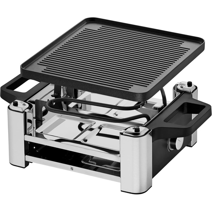 Раклет гриль зі сковородами та слайдерами, раклет 4 персони, 870 Вт, нержавіюча сталь матова