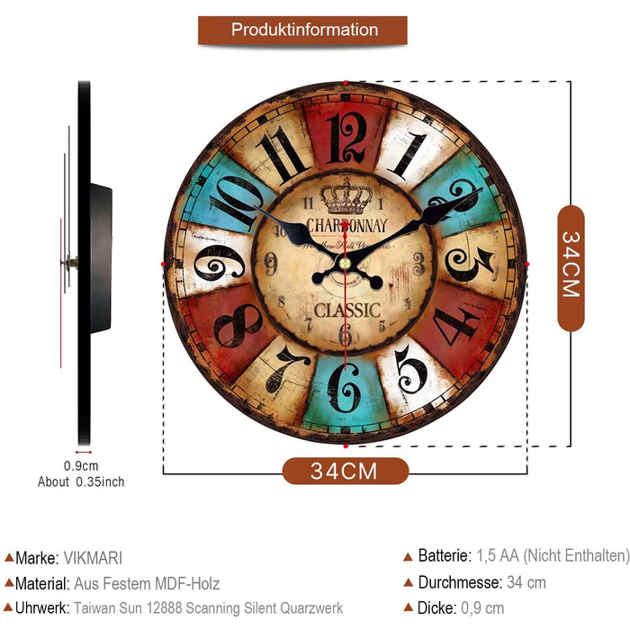 Кварцовий настінний годинник VIKMARI Дерев'яний тихий підвісний годинник, круглий сільський годинник на батарейках, легко читаєтьс
