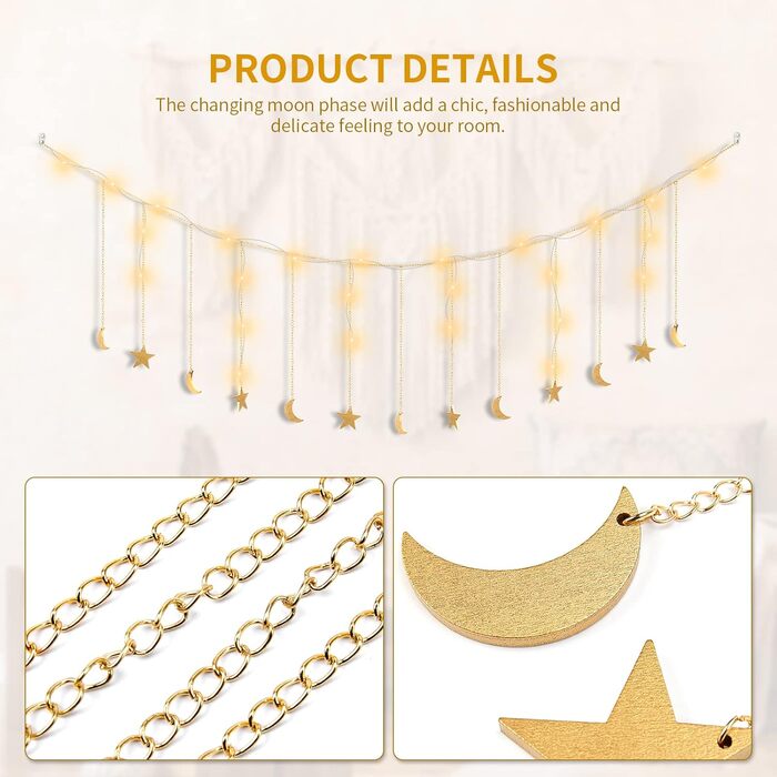 Гірлянда Brmeday Фази Місяця, прикраса стін бохо, Місячна гірлянда естетична кімната настінний декор вітальні, спальні, гірлянди б