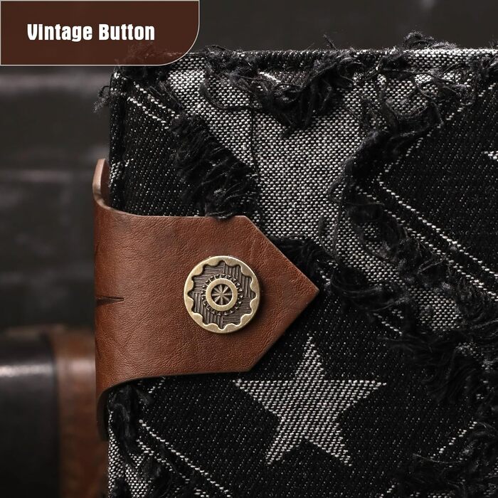 Джинсовий щоденник TIEFOSSI для жінок та чоловіків вінтажний блокнот зі штучної шкіри з механізмом на 6 кілець, лінійкою для коледжу, з можливістю поповнення та внутрішніми кишенями (17,8 x 23,5 см) чорного кольору