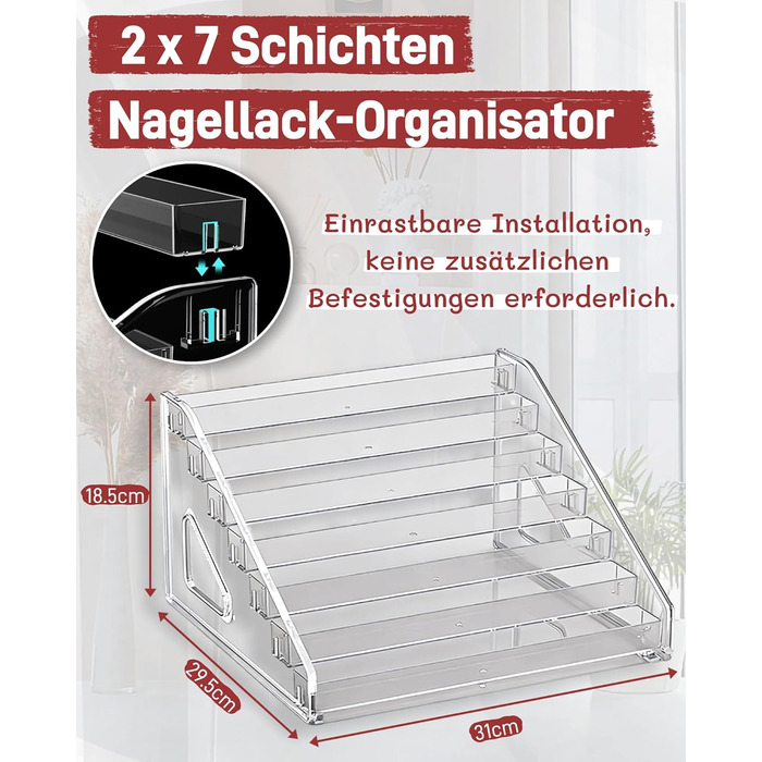 Органайзер для лаків для нігтів з 2 акрилових щіток із 7 рівнями, зберігання лаків для нігтів на 168 флаконів, прозора підставка для макіяжу, полиця для зберігання помади/ефірних олій та засобів для укладання