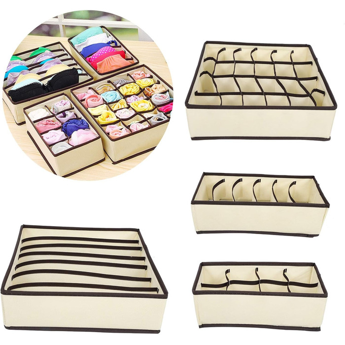 Коробка для зберігання білизни, органайзер, складана, неткане полотно, шухляда, органайзер для шафи для шкарпеток, бюстгальтерів, краваток, рушників, бежевий, комплект з 4 предметів