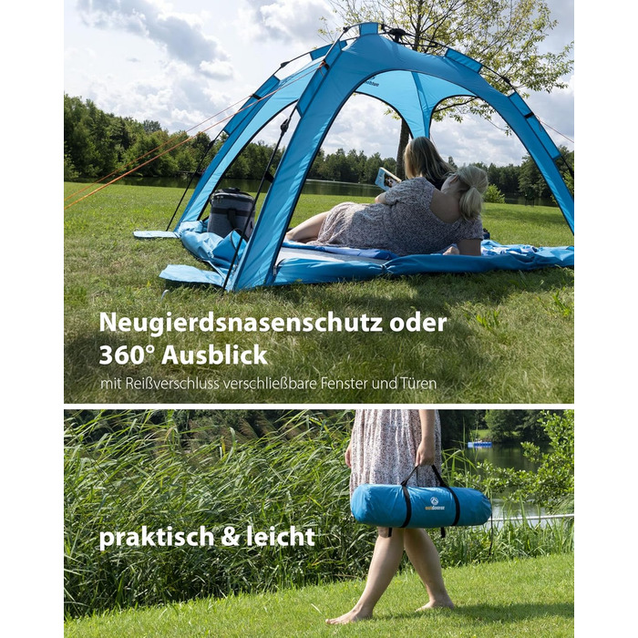 Намет для активного відпочинку SunSnapper Air - UV 80, що швидко розкладається, з 4 дверима та 3 вікнами, швидко встановлюється або автоматично встановлюється, замикається, із захистом від ультрафіолету 80, екраном для приватності та захистом від комах