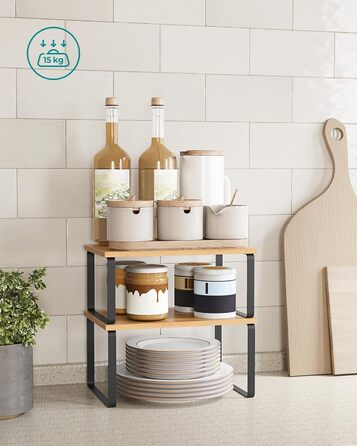 Стійка для спецій, Набір з 4 шт. , Кухонна полиця, Кухонний органайзер, Розширювана, Штабельований тримач для спецій, З металевою рамкою, 19,5 x 29,7 x 15,8 см, Чорнило-чорний - Натуральний бежевий KCS10NB Чорнило-чорний Натуральний бежевий 29,7B см