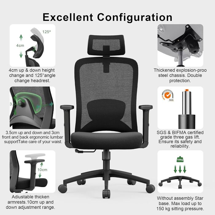 Ергономічне офісне крісло CALIYO Sammy, робоче крісло з регульованим підголівником, підлокітниками, поперековою опорою та функцією гойдання повітропроникне сітчасте поворотне крісло, ігрове крісло, офісне крісло 150 кг, чорне Sammy (чорне)