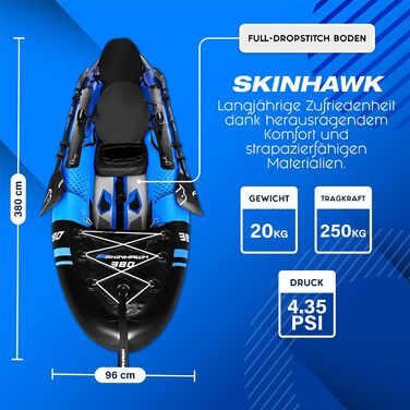 Ексклюзивний синій набір для каяків SKINHAWK 380 Надувний човен Каное 380 x 96 см Каяк на 2 особи. Набір для каяків Skinhawk 380 з алюмінієвим веслом