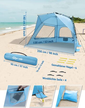 Пляжний намет Glymnis Quick Up, автоматичний пляжний намет, захист від ультрафіолету 50, вітрозахисний, сонцезахисний козирок із системою швидкого складання, невеликий розмір у пакуванні, для 4-5 осіб, синій, BT-ZD02-B, з подовжувальною підлогою