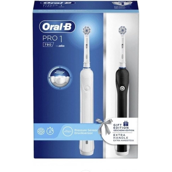 Електричні зубні щітки Oral-B Pro 1 790 Sensitive (2 шт. и) з акумуляторними ручками, технологія Braun, 1 запасна головка, зарядний пристрій і датчик тиску, біла і чорна, оригінальні подарунки