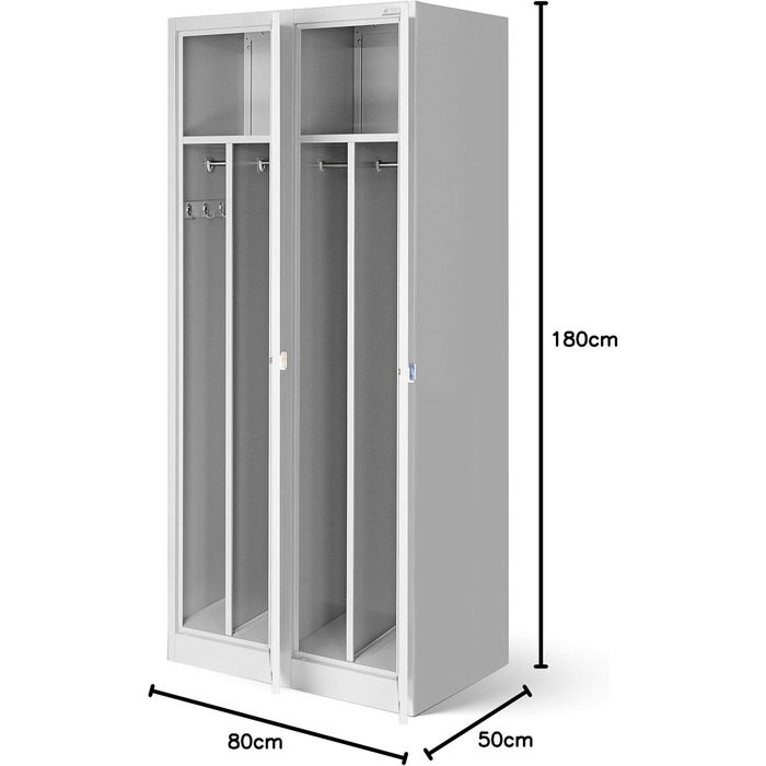 Шафа-шафа Jan Nowak, металева шафа, гардероб, шафа-шафа 2 відділення з вішалкою для одягу, роздільниками, вентиляційними отворами, 4 гачки для одягу на відділення 180 см x 80 см x 50 см, сірий