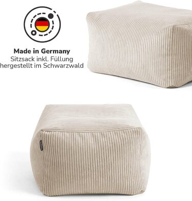 Пуф або табурет мокебо з вельветовим чохлом The Calm One, табурет або пуф для сидіння з наповнювачем з EPS-бісеру, також як пуф для ніг з вельвету або журнальний столик для вітальні розміром 65x55x35 см (Ш/Г/В) бежевого кольору, квадратний, вельветова тка