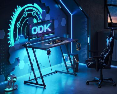 Ігровий стіл ODK 100 x 50 см зі світлодіодним підсвічуванням, ігровий стіл з підставкою для чашок та гачком для навушників, дизайн з подвійною Z-подібною рамою, невеликий комп&39ютерний стіл, чорний колір з вуглецевого волокна, 100 см, чорний колір з вугл