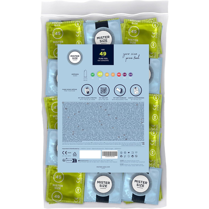 Презервативи MISTER SIZE, ультратонкі, 49 мм, упаковка 100 шт./надзвичайно тонкі, надзвичайно тонкі, змащені/виготовлені зі 100 натурального каучукового латексу вашого розміру S/природне відчуття, упаковка 100 шт.