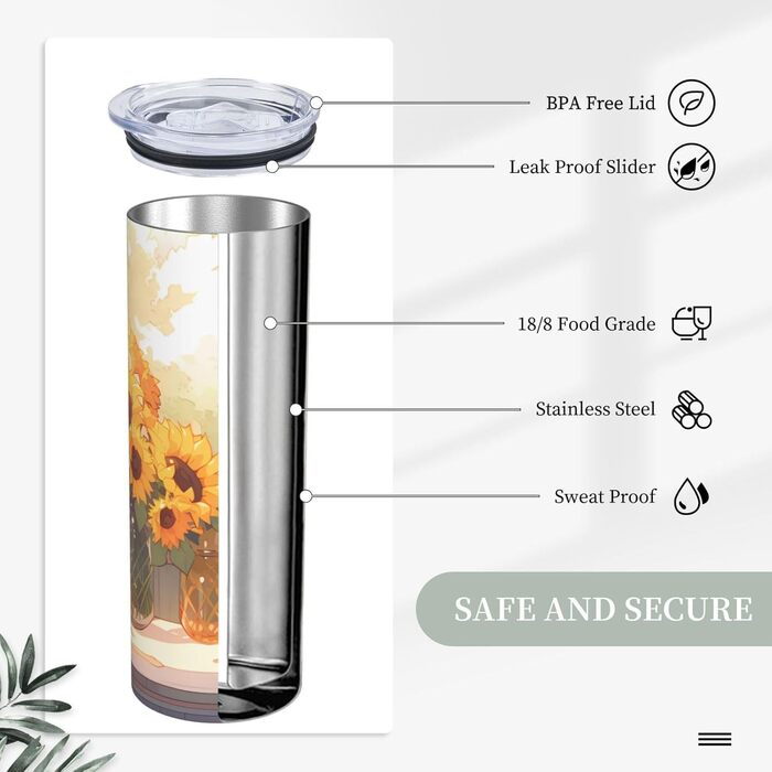 Кухоль з прямою трубочкою, соняшники під підвіконням, дорожній кухоль з принтом, підходить для кемпінгу, офісу та дому, 590 мл