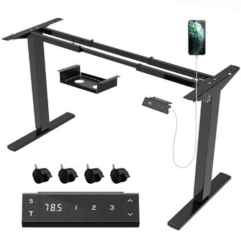 Каркас столу JUMMICO з регульованою висотою, USB-портом та кабельним лотком, електрично регульований каркас столу з колесами, стіл для роботи стоячи (чорний)