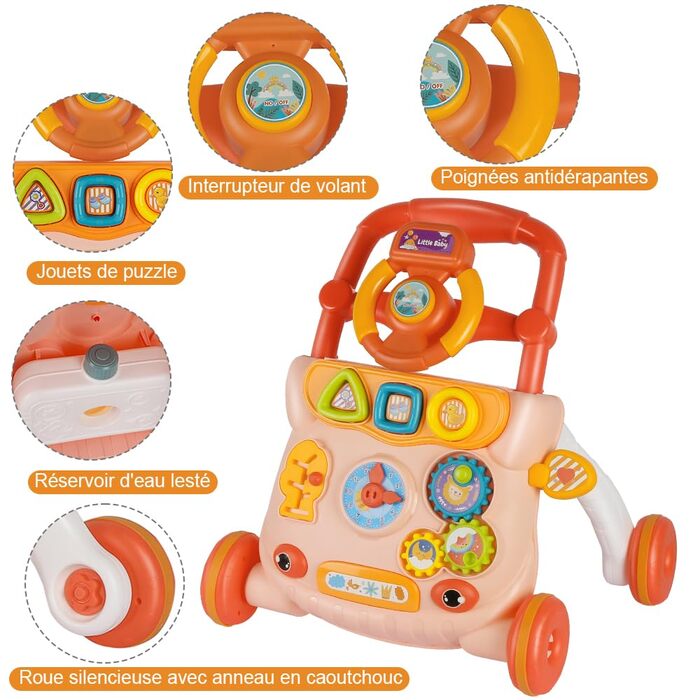 Дитячі ходунки, дитячі ходунки з музичним плеєром, амортизуючими колесами, подарунок для дітей від 6 місяців (36 x 34 x 42 см, рожеві) Рожеві 36x34x42 см