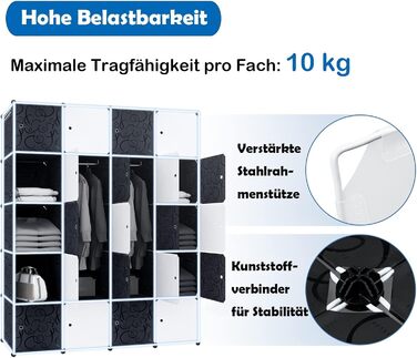 Шафа, багатофункціональна шафа, система полиць своїми руками, пластикова шафа, шафа для спальні з дверима, вбудоване місце для зберігання речей, пилонепроникна з 20 кубиками та рейкою для одягу
