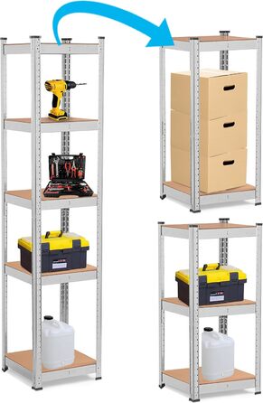 Міцний стелаж - Металевий - Підвал - Гараж - Зберігання - Обладнання для майстерні - Стелаж для інструментів - з 5 полицями з МДФ - Настінна полиця - Стелаж без болтів - Стоячий - Високий - 180x40x40 см Сталь 40x40x180