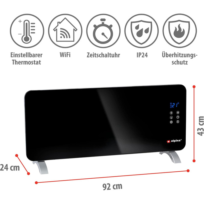 Електричний обігрівач Alpina потужністю 2000 Вт Радіаційний обігрівач з термостатом та 24-годинним таймером Електричний обігрівач для кімнат площею 1020 м Настінний або окремостоячий Радіаційний обігрівач 92x24x43 см Чорний