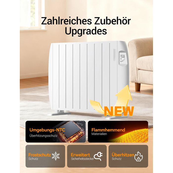 Електричний конвекторний обігрівач, електричний радіатор потужністю 2000 Вт, конвекторний обігрівач з РК-дисплеєм та цілодобовим таймером, радіатор з підставкою та настінним кріпленням, білий