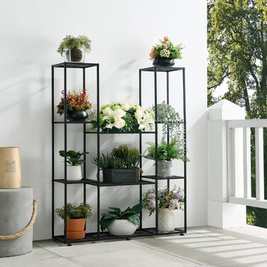 Металева підставка для квітів, 4 яруси, 11 горщиків, підставка для рослин для приміщень/вулиці, водонепроникна, багатоярусна підставка для рослин для саду, балкону, вітальні, двору, чорна, 95x25x120 см