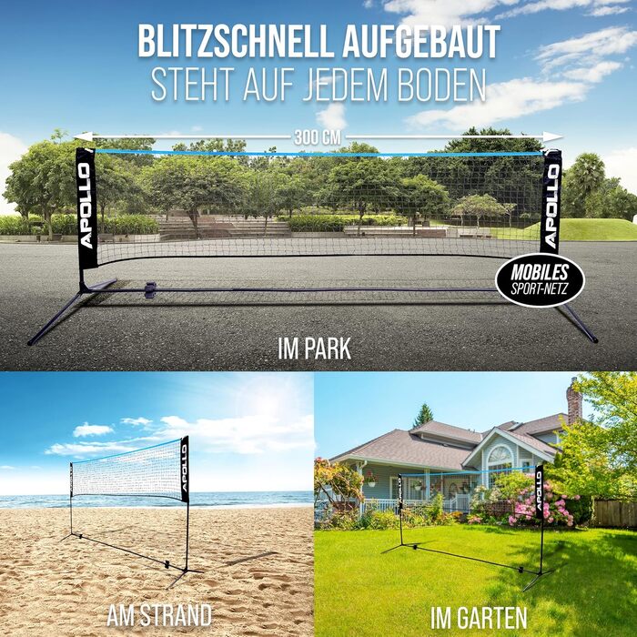 Сітка для бадмінтону Apollo, волейбольна сітка 300 см 400 см 500 см Сітка для волана, регульована по висоті у 3 напрямках, комплект включає сітку, 3 волани, міцну залізну раму, сумку для перенесення, для використання в приміщенні та на вулиці, 300 см, син