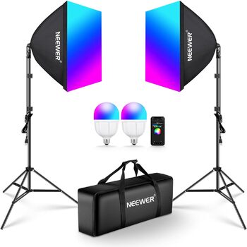 Комплект освітлення NEEWER RGB Softbox з керуванням додатком і 9 режимами ефектів, 2 упаковки світлодіодних ламп, сертифікованих CE/UKCA потужністю 24 Вт CRI93 TLCI98, порцелянові розетки E27, 24 софтбокси, для студійної зйомки, NK800