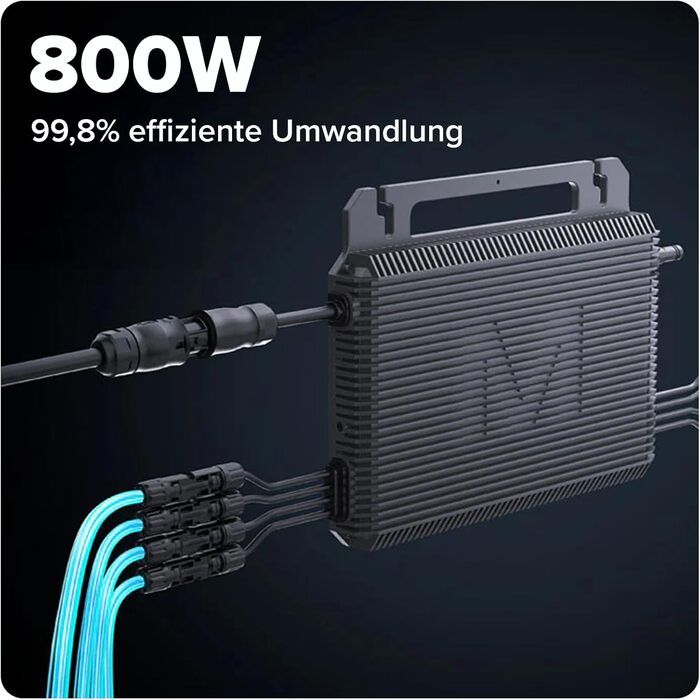 Двофазна балконна електростанція SUNNIVA 1000 Вт, повністю чорна, в комплекті з розеткою, інвертором MARSTEK 800 Вт, фотоелектричною сонячною системою, 2 сонячними модулями зі скла по 500 Вт, включаючи кабель 5 м, Bluetooth WIFI, повний комплект 1000/800 