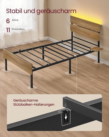 Каркас односпального ліжка VASAGLE, Ліжко, 90 x 200 см, Металевий каркас, Світлодіодне освітлення, Порти USB-A та USB-C, Місце для зберігання під ліжком, Індустріальний стиль, Легке складання, Натуральний коричневий RMB102K01