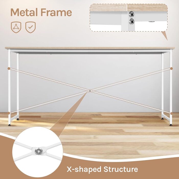 Письмовий стіл, комп&39ютерний стіл 140x60 см, офісний стіл, ПК-стіл, з металевим каркасом, для офісу, домашнього офісу, кабінету, спальні, виготовлений з дерев&39яного матеріалу, світлий дуб 140x60 см, світлий дуб білий