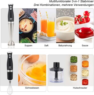 Набір електричних ручних блендерів SUPERLEX 4-в-1 з віночком, подрібнювачем, блендером і мірною чашкою, 2 рівні швидкості Turbo Button блендер 700 Вт, блендер з нержавіючої сталі, для дитячого харчування, супу, пюре 4-в-1 Набір чорний