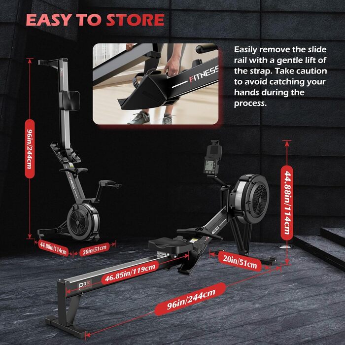 Гребний тренажер PASYOU з повітряним опором для домашнього використання, професійний гребний тренажер з 10 регульованими рівнями опору, професійний гребний тренажер для приміщень, ергономічне комфортне сидіння, із застосунком Kinomap, вантажопідйомність 1