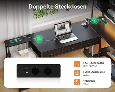 Кутовий письмовий стіл Coleshome з 5 шухлядами та 4 полицями, 200110 см, L-подібний стіл зі світлодіодним освітленням, розетками та USB-портами, великий стіл для домашнього офісу, чорний 200110 см