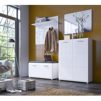 Шафа для одягу Lomadox 4 предмети з дзеркалом і тумбою для взуття білий глянцевий Шафа для передпокою в сучасному стилі