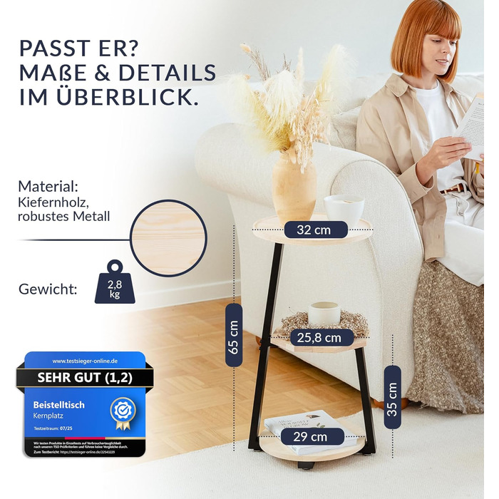 Круглий дерев&39яний журнальний столик ПЕРЕМОЖЕЦЬ ТЕСТУ з 3 полицями Край, що запобігає падінню, натуральний колір, декоративний столик та підставка для рослин для вітальні та спальні, високий столик поруч із диваном, ліжком та диваном