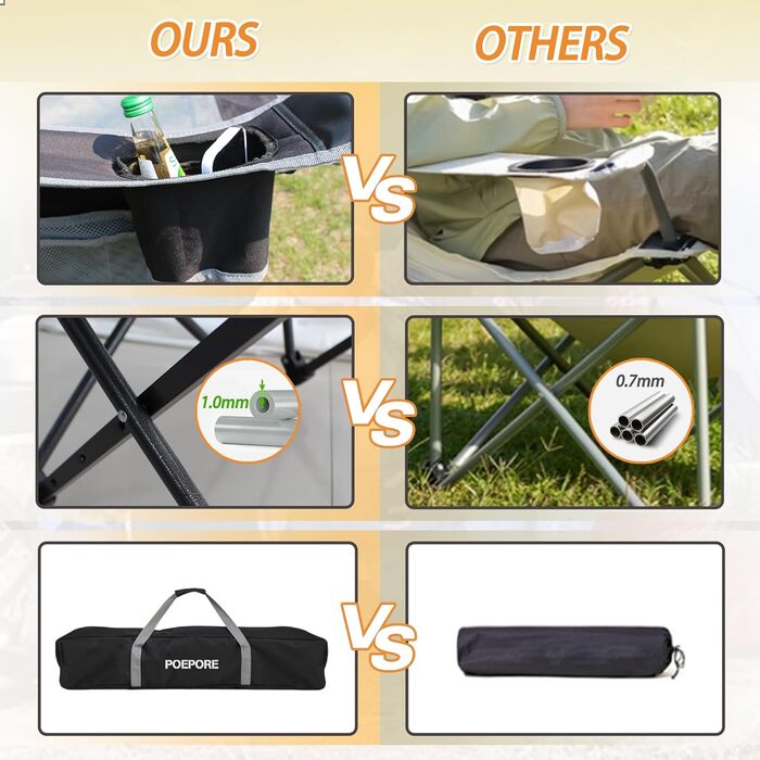 Складаний кемпінговий стілець з підставкою для ніг, пляжний стілець з регулюванням у 4 напрямках, шезлонг, рибальський стілець, кемпінгові стільці для дорослих з ватною подушкою, тримач для напоїв, кишені для підлокітників, чорний, 2 шт.