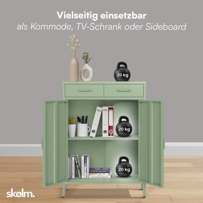 Металевий комод skølm Atria Сервант м&39ятно-зеленого кольору Металева шафа з 2 полицями та 2 шухлядами Багатоцільова шафа Промислова висока комод Шафа для зберігання/Шафа для коридору Гнучкі полиці, м&39ятно-зелений з шухлядами