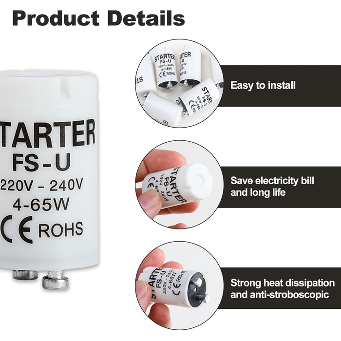 Пакет із 6 стартерів, люмінесцентний пускач FS-U, 4-65 Вт, 220-240 В, надійний пускач розпалу для окремих ланцюгів люмінесцентних ламп, безпечний та ефективний для патронів УФ-стрічок клас енергоспоживання G
