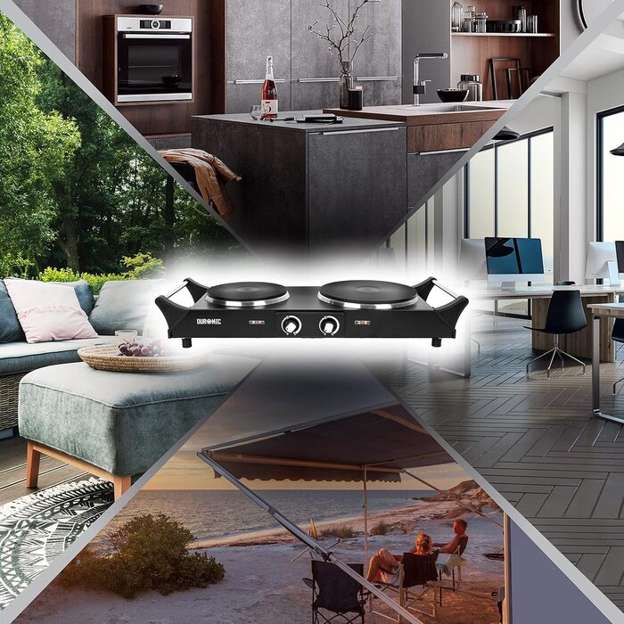 Електрична нагрівальна плита Duronic HP2 BK 1500 Вт Подвійна чавунна варильна поверхня 20 і 15 см ергономічні ручки регульований термостат Мобільна плита альтернатива варильній поверхні